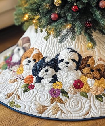 Navy Tree Skirt With Shih Tzus & Yellow Blossoms - Cheerful Custom Pet Holiday Decor, Made-To-Order, Perfect Gift For Dog Lovers