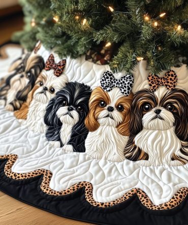 Neutral Tree Skirt With Shih Tzus & Leopard Print Bows - Cute Pet Holiday Decor, Custom Made-To-Order, Ideal Gift For Shih Tzu Owners