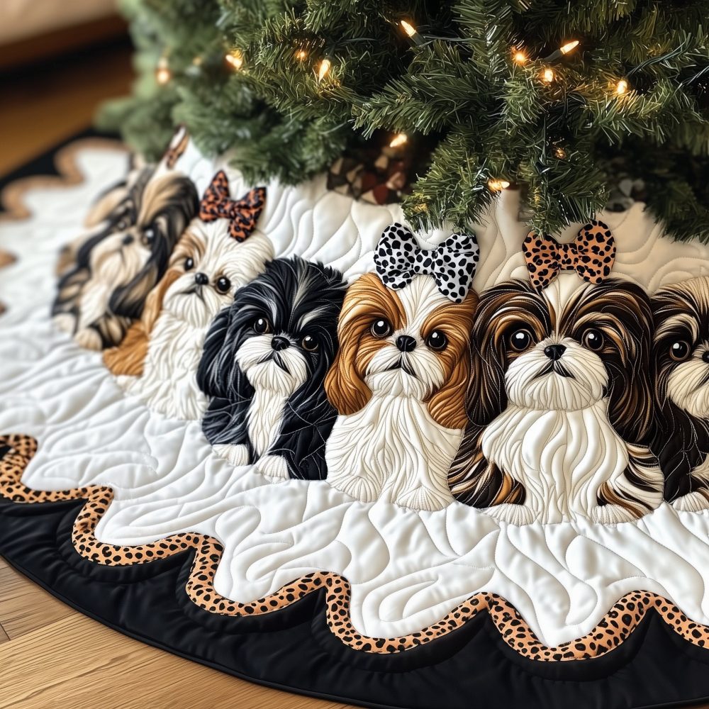 Neutral Tree Skirt With Shih Tzus & Leopard Print Bows - Cute Pet Holiday Decor, Custom Made-To-Order, Ideal Gift For Shih Tzu Owners