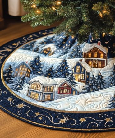 Blue Night Snow Village Tree Skirt — Handcrafted Winter Scene Under Snow, Made-To-Order Holiday Skirt With Rich Blue Palette