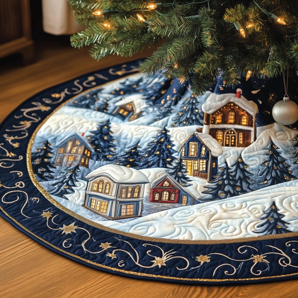 Blue Night Snow Village Tree Skirt — Handcrafted Winter Scene Under Snow, Made-To-Order Holiday Skirt With Rich Blue Palette