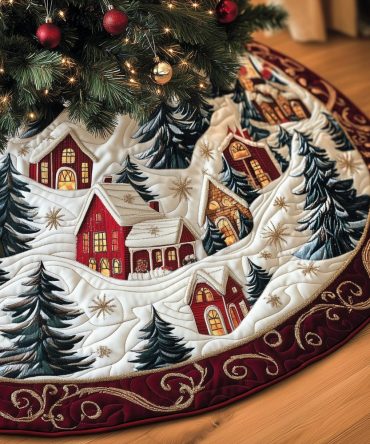 Pine Valley Red Cottage Tree Skirt — Handcrafted Winter Village Skirt With Cozy Cottage Motif, Custom Sizes & Festive Details