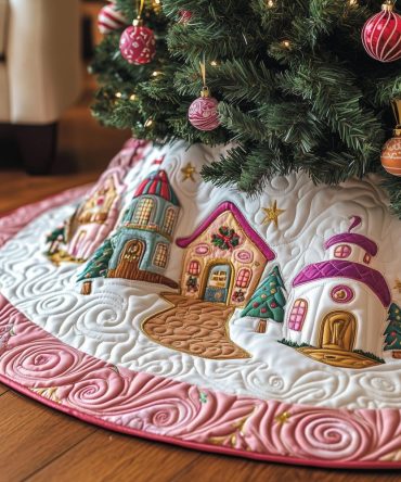 Pink Sugar Village Tree Skirt — Charming Pastel Holiday Skirt, Handmade With Sweet Village Motifs, Custom Sizes & Gift-Ready Presentation