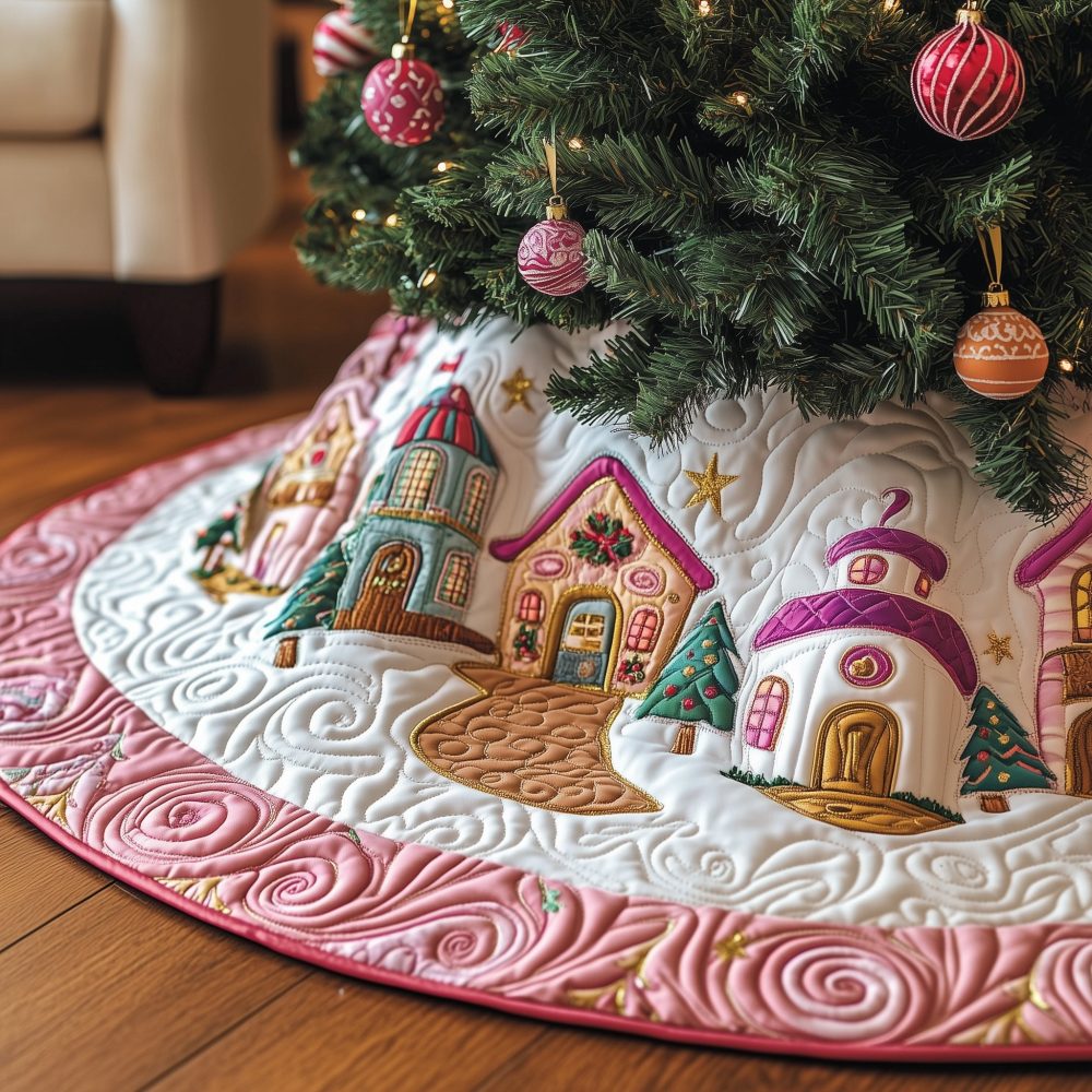 Pink Sugar Village Tree Skirt — Charming Pastel Holiday Skirt, Handmade With Sweet Village Motifs, Custom Sizes & Gift-Ready Presentation