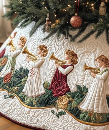 Rose Hem Trumpet Angels Tree Skirt — Elegant Handcrafted Holiday Skirt With Trumpeting Angels, Custom Sizes & Refined Trim Options