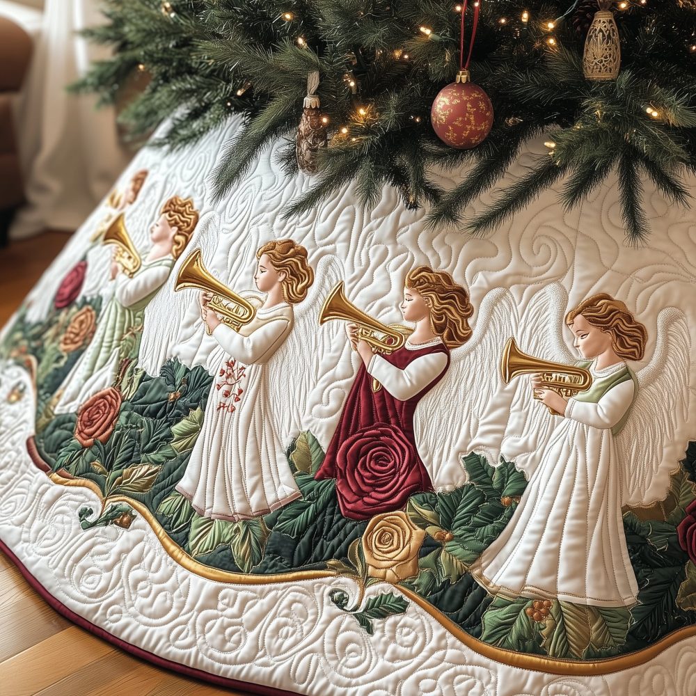 Rose Hem Trumpet Angels Tree Skirt — Elegant Handcrafted Holiday Skirt With Trumpeting Angels, Custom Sizes & Refined Trim Options