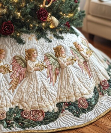 Ivory Angel & Rose Tree Skirt — Elegant Made-To-Order Christmas Skirt With Angelic Motif, Soft Fabric, Perfect For Classic Holiday Decor