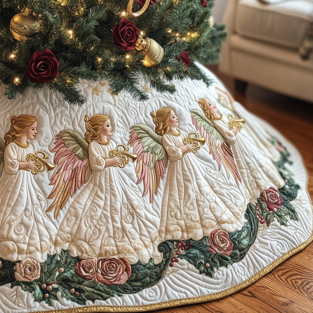 Ivory Angel & Rose Tree Skirt — Elegant Made-To-Order Christmas Skirt With Angelic Motif, Soft Fabric, Perfect For Classic Holiday Decor