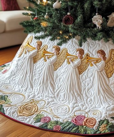 Rose Garland Trumpet Angels Tree Skirt — Handcrafted Holiday Skirt With Floral Garland & Trumpet Angels, Custom Finishes Available