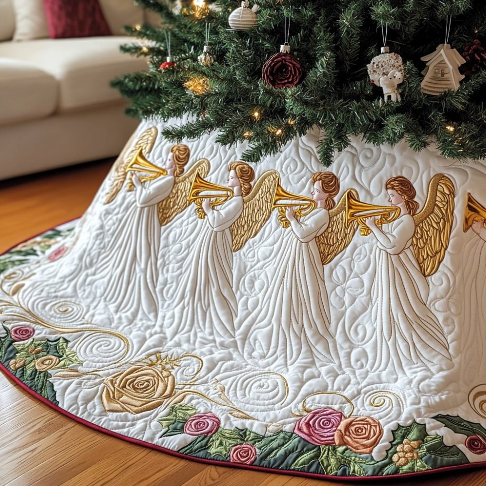 Rose Garland Trumpet Angels Tree Skirt — Handcrafted Holiday Skirt With Floral Garland & Trumpet Angels, Custom Finishes Available