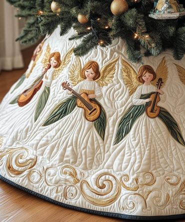 Angel Musicians Tree Skirt With Lute Motif — Handcrafted Classical Holiday Skirt, Embroidered Detail & Custom Sizing Available