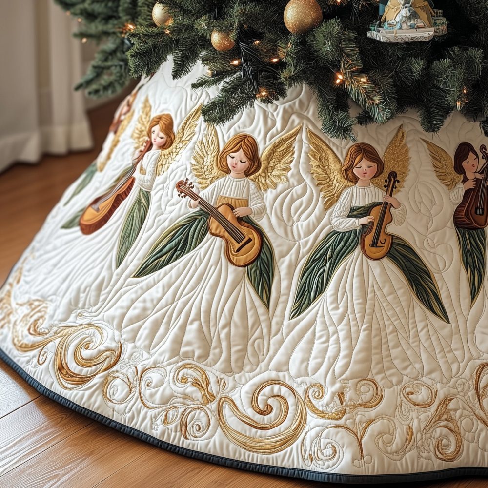 Angel Musicians Tree Skirt With Lute Motif — Handcrafted Classical Holiday Skirt, Embroidered Detail & Custom Sizing Available