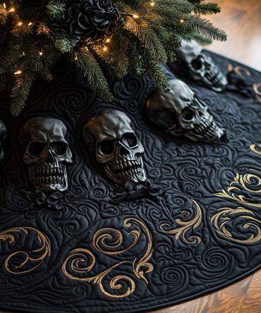 Black Tree Skirt With Gold Vines & Dark Skull Motif — Luxury Gothic Holiday Collar, Custom Quilted Christmas Décor