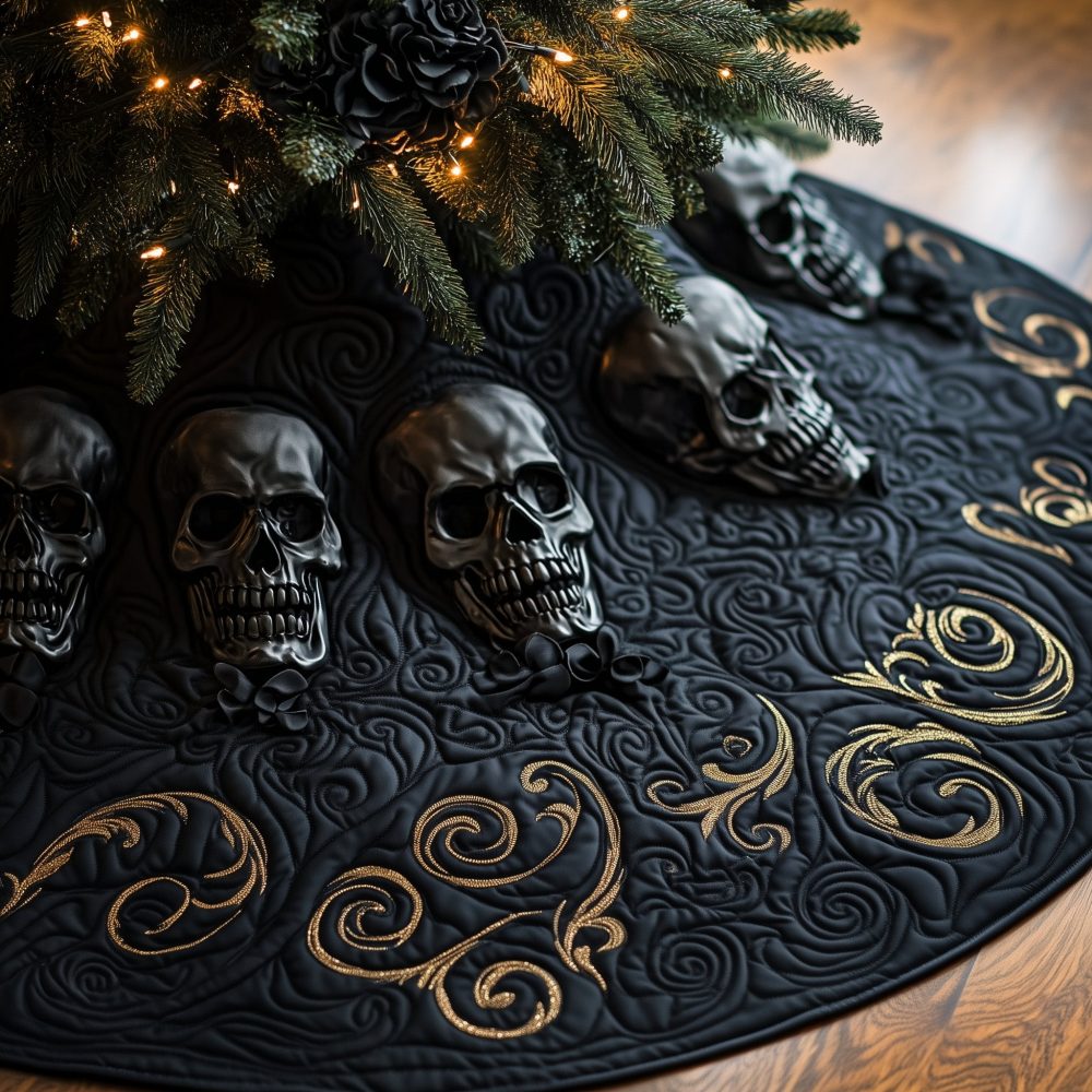 Black Tree Skirt With Gold Vines & Dark Skull Motif — Luxury Gothic Holiday Collar, Custom Quilted Christmas Décor