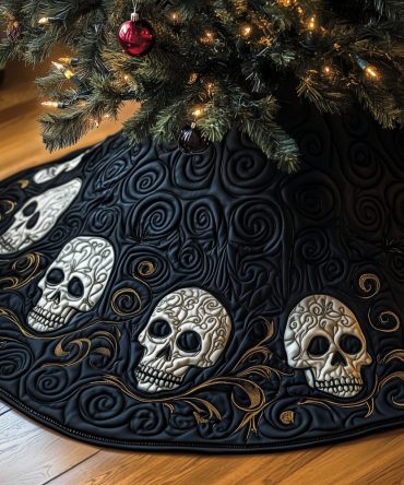 Gothic Black Skull Christmas Tree Skirt With Swirl Quilt Design — Custom Dark Holiday Tree Collar, Premium Fabric