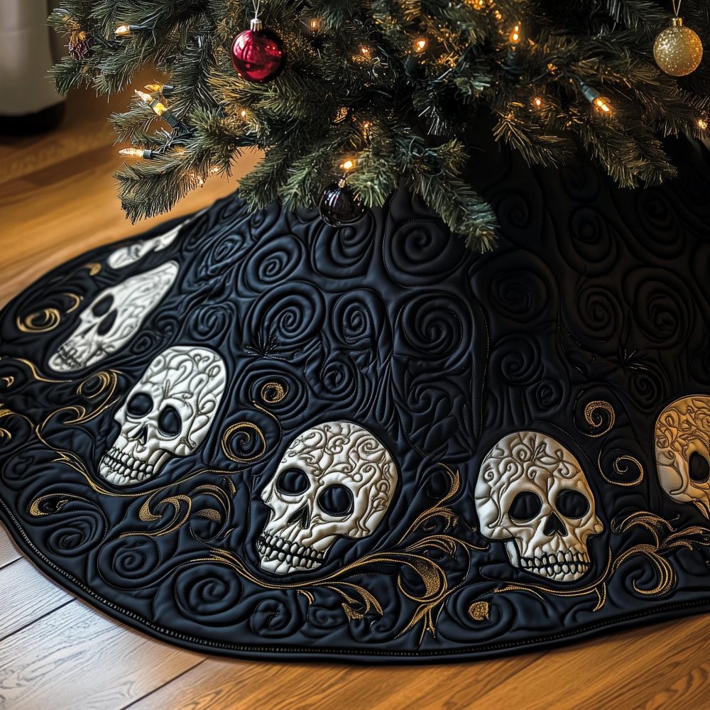 Gothic Black Skull Christmas Tree Skirt With Swirl Quilt Design — Custom Dark Holiday Tree Collar, Premium Fabric
