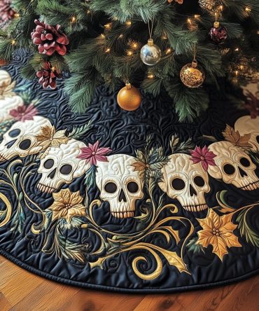 Navy & Gold Scroll Skull Tree Skirt - Ornate Gothic Christmas Accent, Custom Crafted Made-To-Order Holiday Decor, Standout Gift