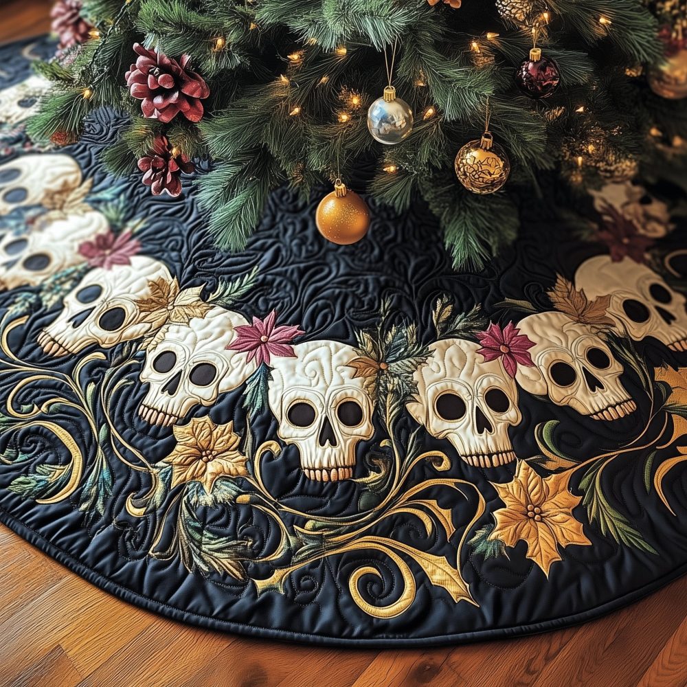 Navy & Gold Scroll Skull Tree Skirt - Ornate Gothic Christmas Accent, Custom Crafted Made-To-Order Holiday Decor, Standout Gift