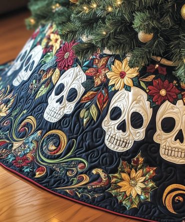 Autumn Floral Skull Tree Skirt In Navy - Seasonal Gothic Christmas Decor With Fall Blooms, Made-To-Order, Unique Holiday Accent