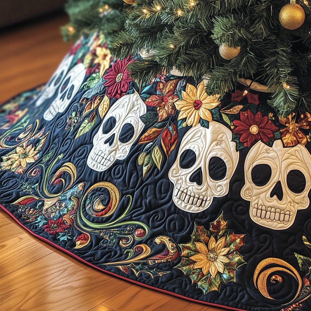 Autumn Floral Skull Tree Skirt In Navy - Seasonal Gothic Christmas Decor With Fall Blooms, Made-To-Order, Unique Holiday Accent