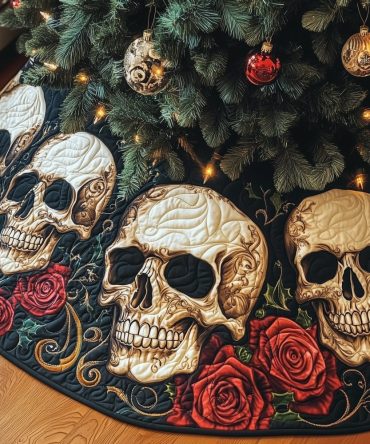 Dark Floral Skull Tree Skirt With Red Roses - Dramatic Gothic Christmas Decor, Custom Made-To-Order Holiday Accent, Gift For Her Or Him