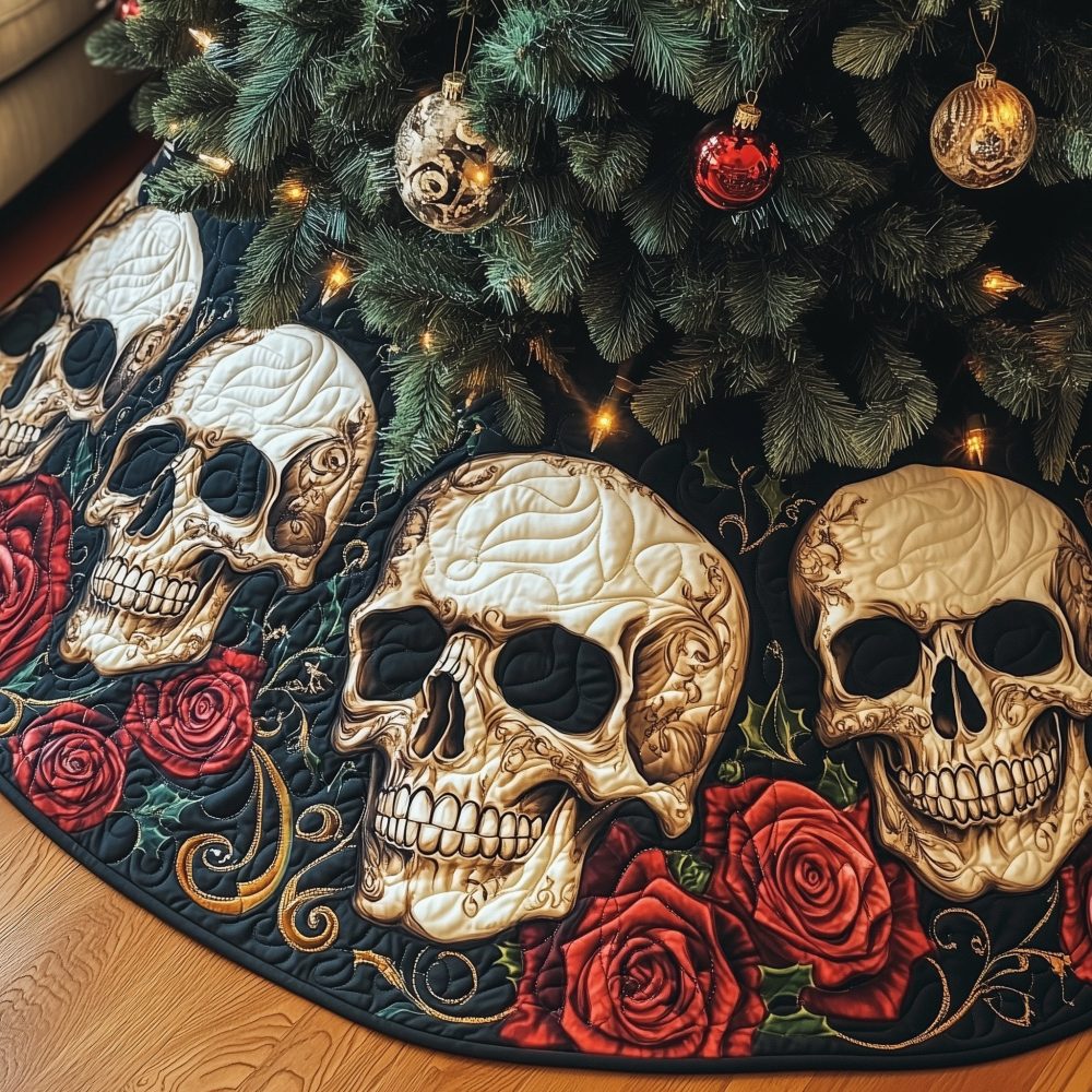 Dark Floral Skull Tree Skirt With Red Roses - Dramatic Gothic Christmas Decor, Custom Made-To-Order Holiday Accent, Gift For Her Or Him
