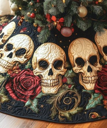 Black Skull Tree Skirt With Single Red Rose - Dramatic Gothic Holiday Accent, Custom Made-To-Order Christmas Decor, Perfect Gift Idea