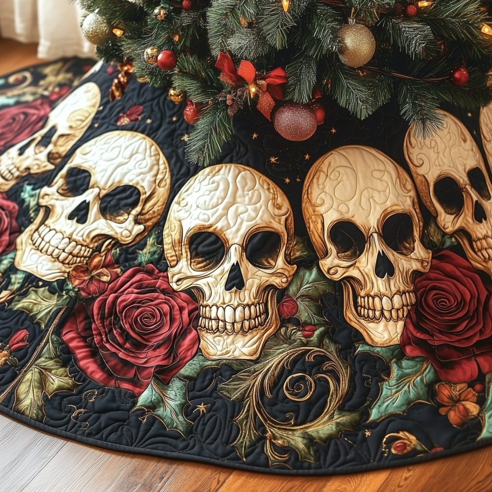 Black Skull Tree Skirt With Single Red Rose - Dramatic Gothic Holiday Accent, Custom Made-To-Order Christmas Decor, Perfect Gift Idea