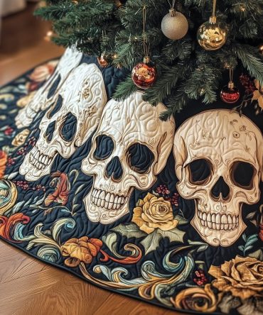 Navy Tree Skirt With Skulls & Golden Blooms - Elegant Gothic Holiday Decor, Premium Made-To-Order Christmas Accent, Unique Gift Idea