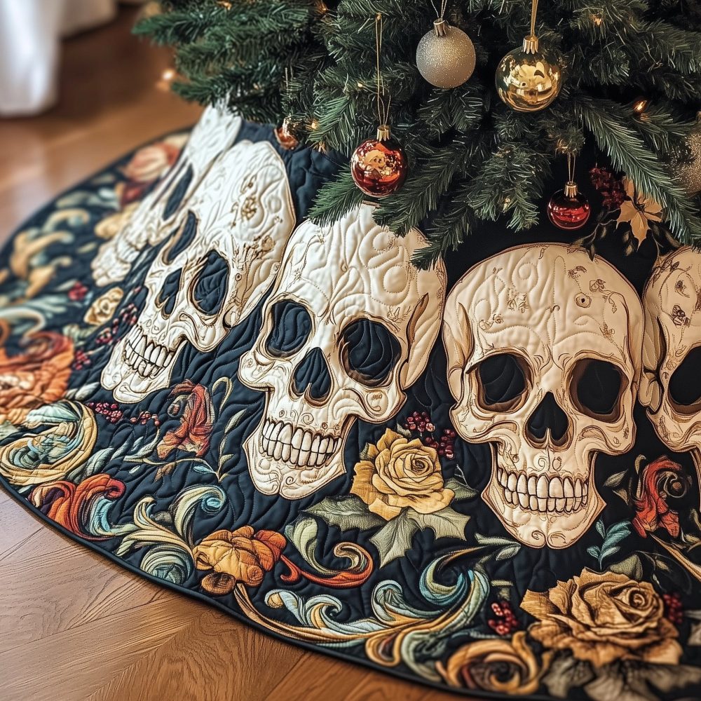 Navy Tree Skirt With Skulls & Golden Blooms - Elegant Gothic Holiday Decor, Premium Made-To-Order Christmas Accent, Unique Gift Idea