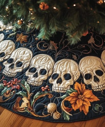 Navy Tree Skirt With Skulls & Orange Blossoms - Bold Gothic Holiday Accent, Made-To-Order Unique Christmas Decor, Ideal Alternative Gift