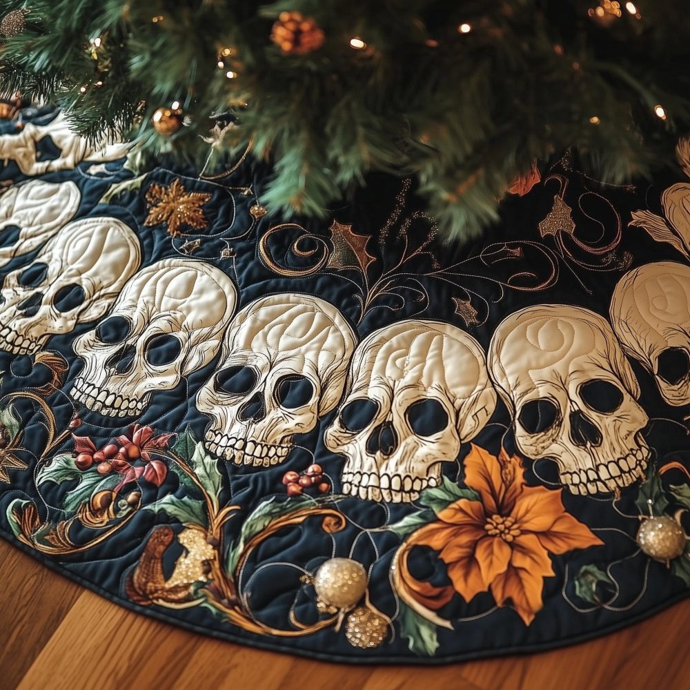 Navy Tree Skirt With Skulls & Orange Blossoms - Bold Gothic Holiday Accent, Made-To-Order Unique Christmas Decor, Ideal Alternative Gift