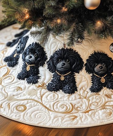 Ivory & Gold Swirl Tree Skirt With Black Poodle Silhouettes - Luxurious Holiday Decor, Custom Made-To-Order, Perfect Dog Lover Gift