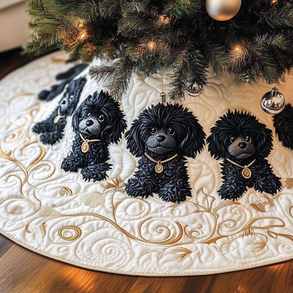 Ivory & Gold Swirl Tree Skirt With Black Poodle Silhouettes - Luxurious Holiday Decor, Custom Made-To-Order, Perfect Dog Lover Gift