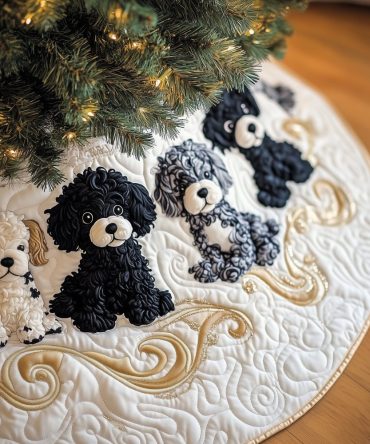 Cream Holiday Tree Skirt Featuring Black & White Poodle Motif - Custom Pet-Themed Christmas Accent, Made-To-Order, Gift Ready