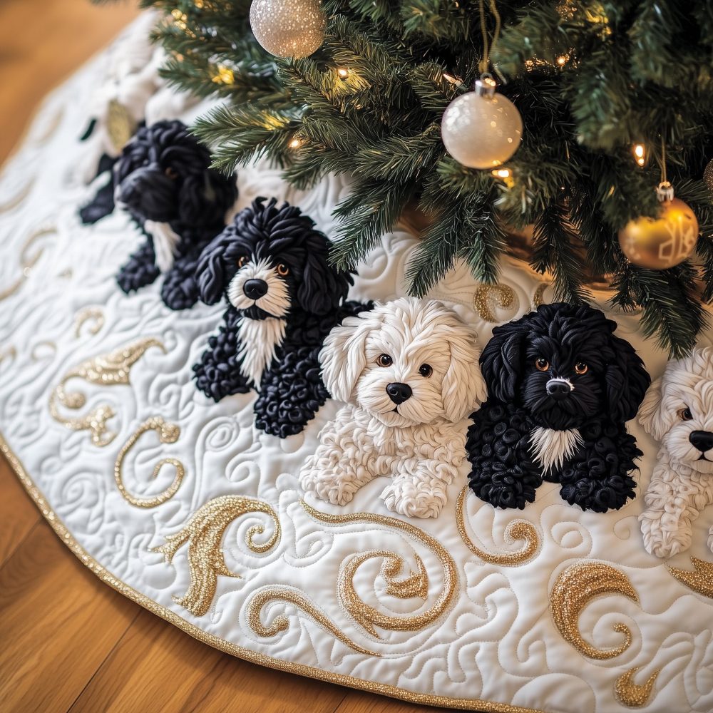Premium Cream Tree Skirt With Black Poodle Silhouettes - Custom Holiday Pet Decor, Made-To-Order 48-60 Inch, Perfect Gift