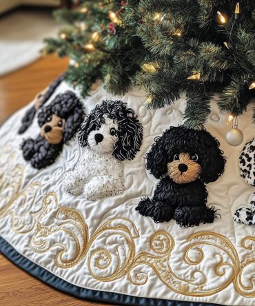 White Tree Skirt With Grey & Black Poodle Pattern - Personalized Holiday Pet Decor, Premium Made-To-Order 48-60 Inch, Dog Lover Gift