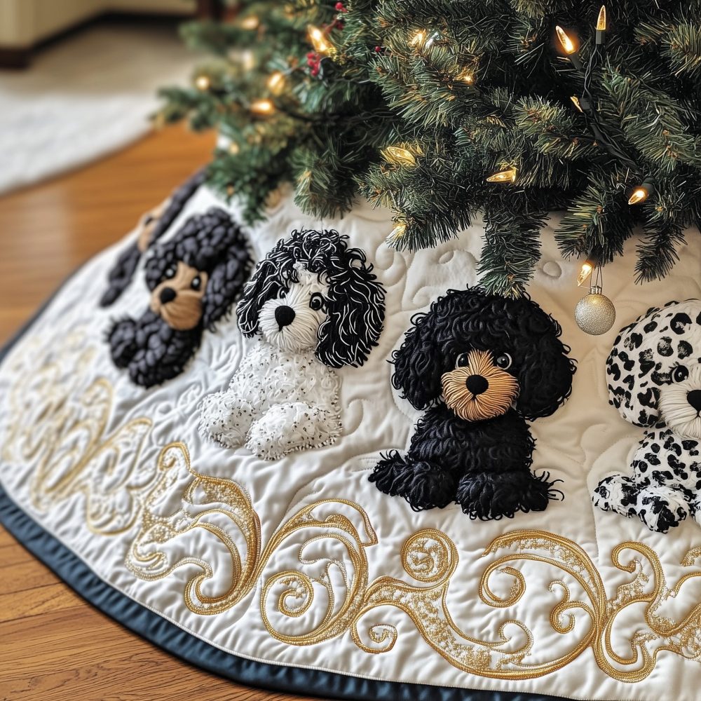 White Tree Skirt With Grey & Black Poodle Pattern - Personalized Holiday Pet Decor, Premium Made-To-Order 48-60 Inch, Dog Lover Gift