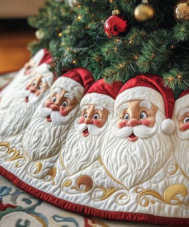 Ruby & Gold Hem Tree Skirt With Santa Faces — Festive Made-To-Order Skirt, Rich Trim, Embroidered Details For Classic Holiday Styling