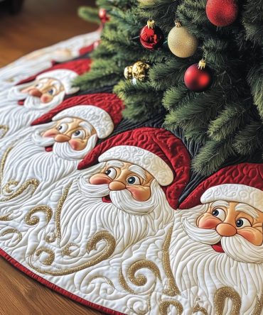Crimson Scroll Tree Skirt With Detailed Santa Portrait — Handcrafted Holiday Skirt, Custom Sizes & Premium Embroidery