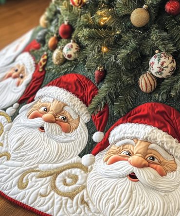 Luxurious Red & Gold Swirl Christmas Tree Skirt With Charming Santa Pair — Handcrafted, Custom Sizes, Perfect Holiday Centerpiece