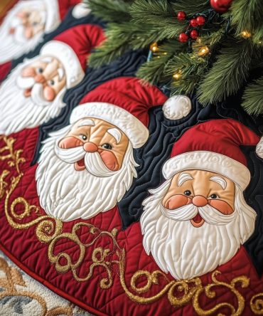 Wine & Gold Santa Faces Tree Skirt — Elegant Made-To-Order Holiday Skirt With Vintage Santa Portraits And Rich Metallic Accents