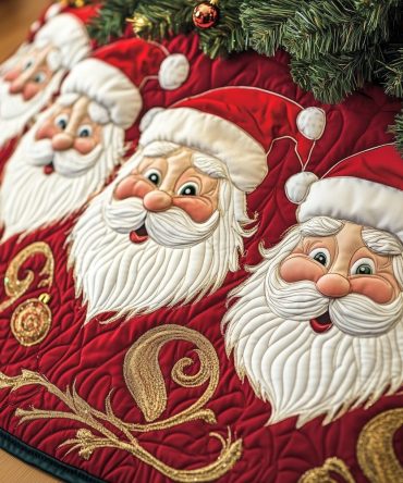 Ruby Scroll Tree Skirt With Jolly Santa Trio — Luxurious Made-To-Order Holiday Skirt, Embroidered Detail & Custom Size Options