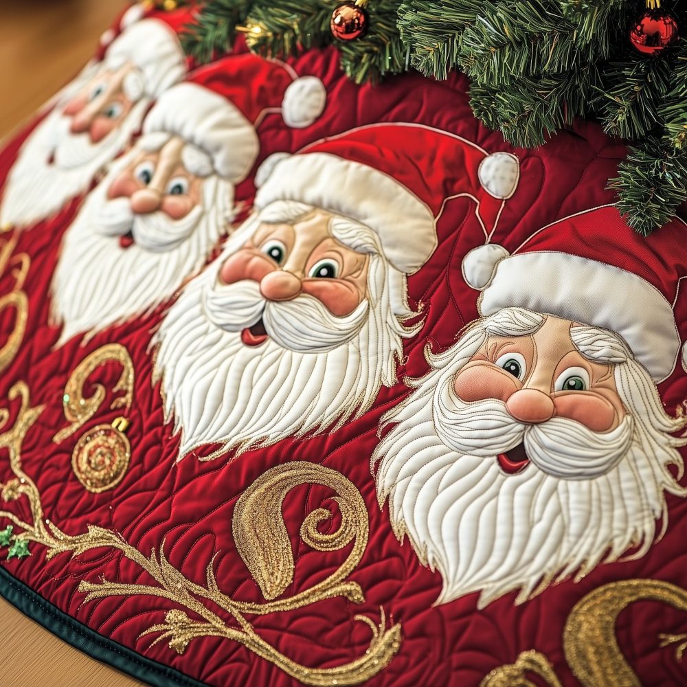 Ruby Scroll Tree Skirt With Jolly Santa Trio — Luxurious Made-To-Order Holiday Skirt, Embroidered Detail & Custom Size Options