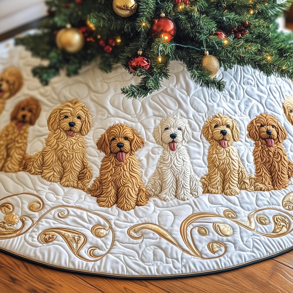 Goldendoodle Pattern Gold Swirl Tree Skirt — Handcrafted Holiday Tree Skirt, Custom Sizes & Personalized Options For Dog Lovers