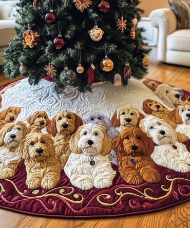 Goldendoodle Pack On Wine Scroll Tree Skirt — Custom-Made Wine-Toned Tree Skirt With Playful Goldendoodles And Ornate Scrollwork For Festive Pet Lovers