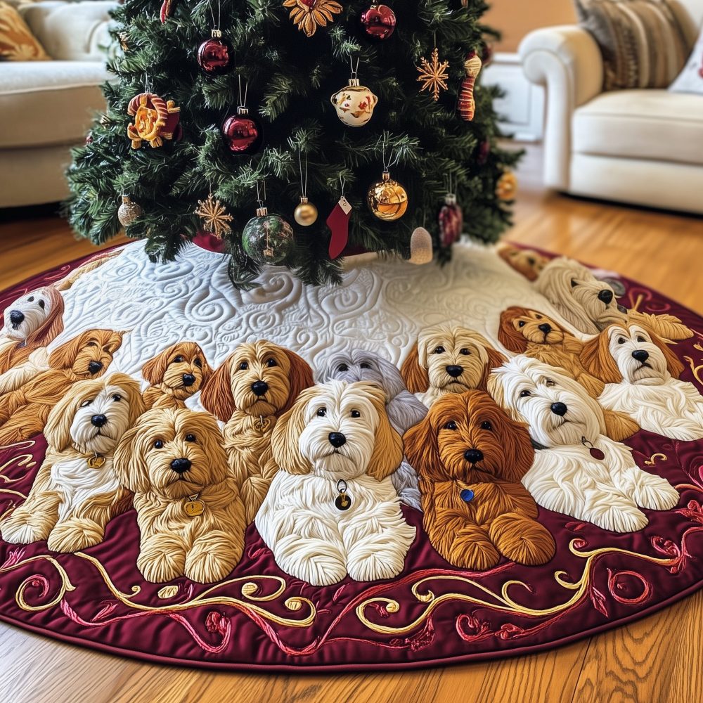 Goldendoodle Pack On Wine Scroll Tree Skirt — Custom-Made Wine-Toned Tree Skirt With Playful Goldendoodles And Ornate Scrollwork For Festive Pet Lovers