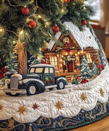 Rustic Vintage Truck & Log Cabin Holiday Tree Skirt - Handcrafted Farmhouse Christmas Decor, Custom Made-To-Order, Perfect Gift