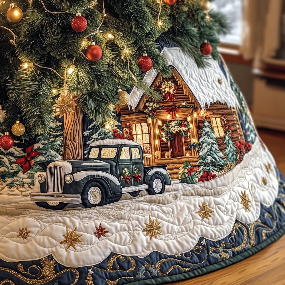 Rustic Vintage Truck & Log Cabin Holiday Tree Skirt - Handcrafted Farmhouse Christmas Decor, Custom Made-To-Order, Perfect Gift