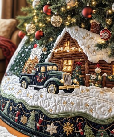 Old Truck At The Cabin Door Tree Skirt - Handcrafted Vintage Vehicle Holiday Scene, Custom Christmas Décor